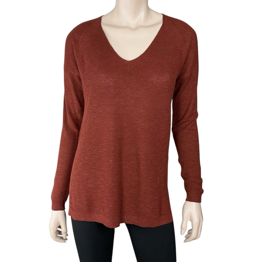 Banana Republic Sweater Women XS Burnt Orange V-Neck Linen Long Sleeve NWT